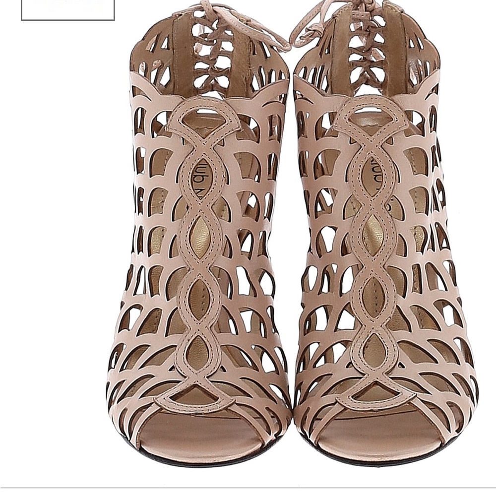 Klub Nico lace up back cage open toe 3" stiletto booties metallic tan/gold 7